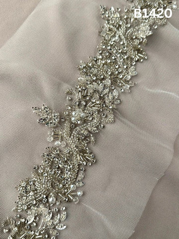 #B1420 Elegant Floral Trim Adorned with Beads, Rhinestones, and Sequins