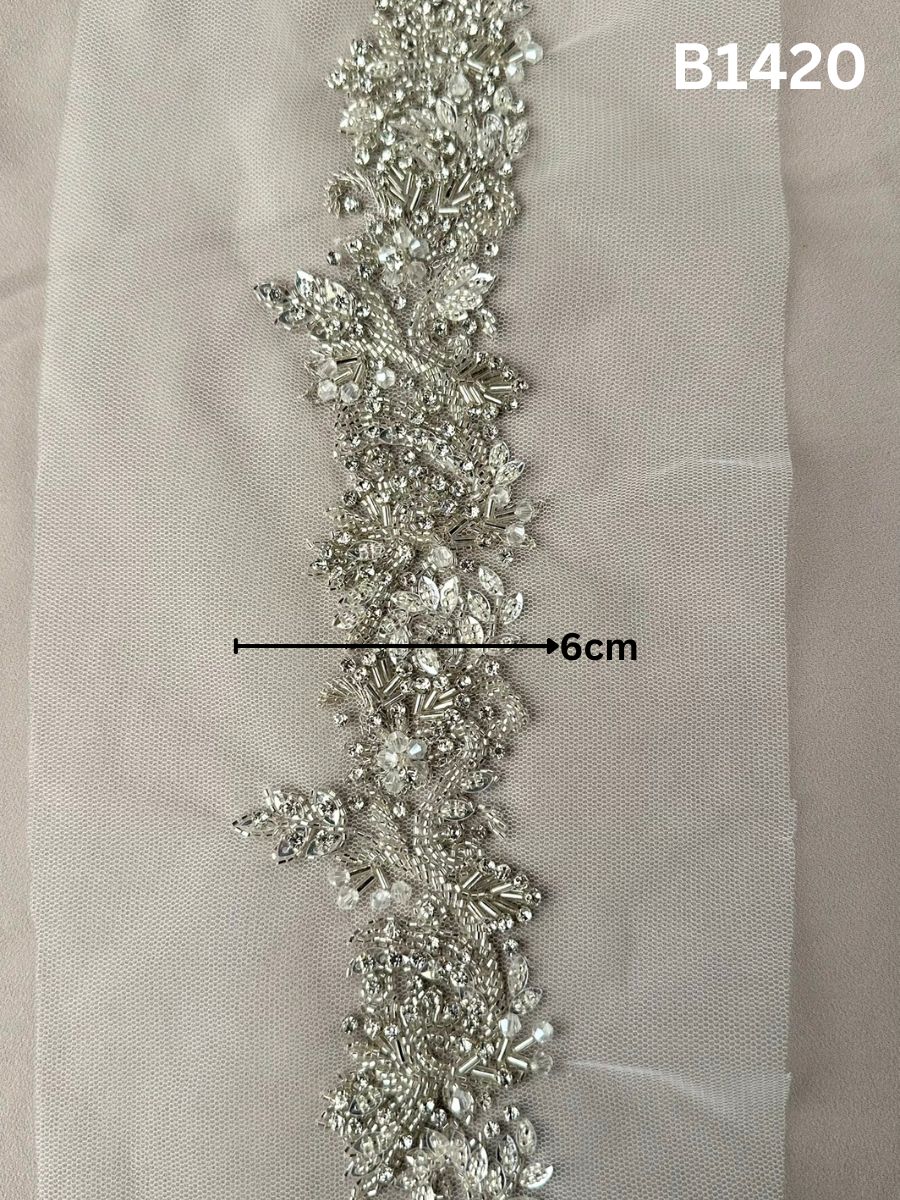 #B1420 Elegant Floral Trim Adorned with Beads, Rhinestones, and Sequins