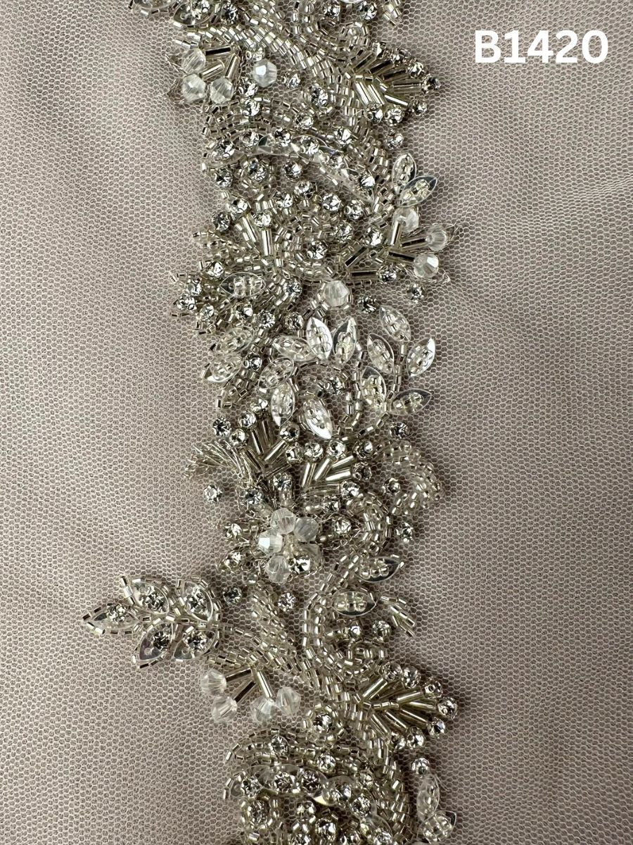 #B1420 Elegant Floral Trim Adorned with Beads, Rhinestones, and Sequins