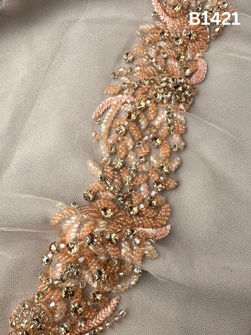 #B1421 Exquisite Floral Trim with Thread Work, Beads, and Rhinestones