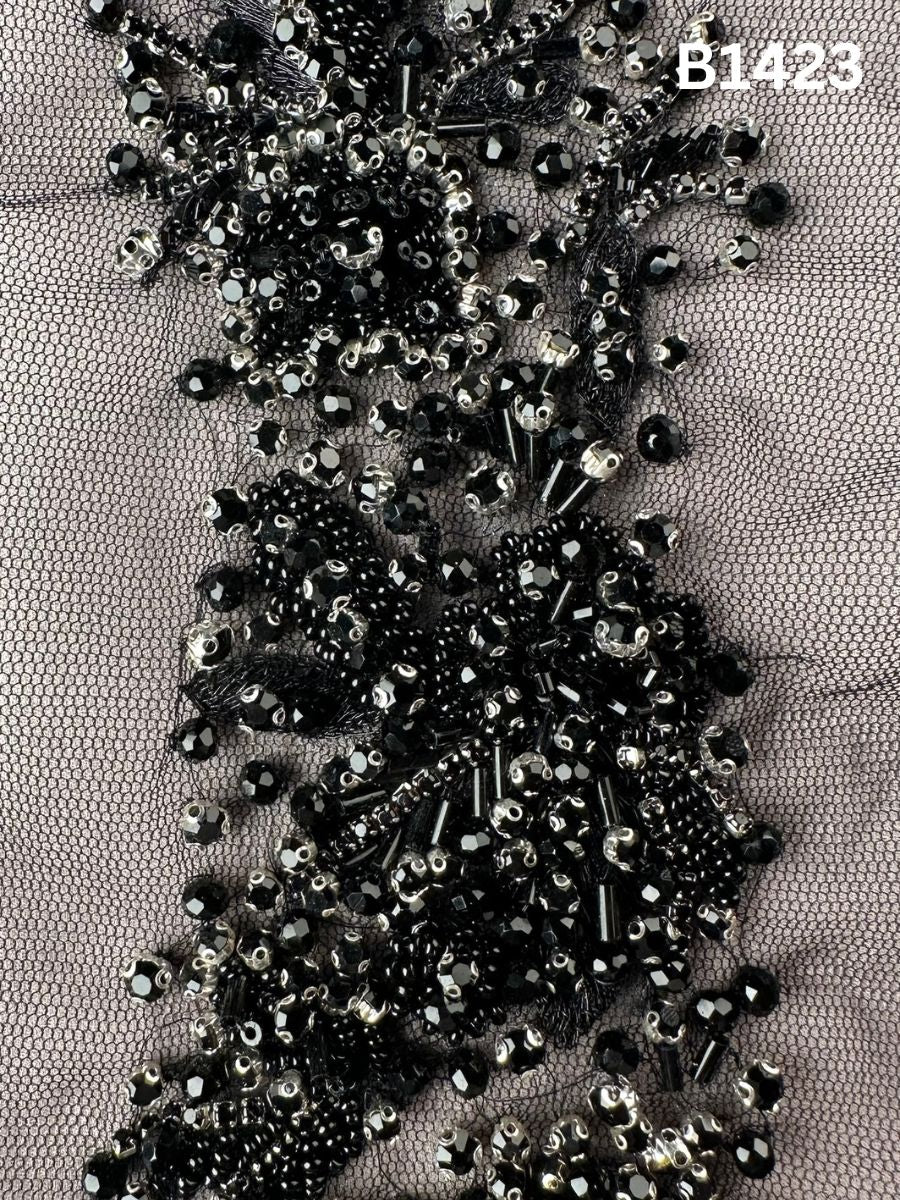 #B1423 Hand-Beaded Abstract Design Trim with Crystal Beads and Rhinestones – A Sophisticated Embellishment for Luxe, Modern Creations