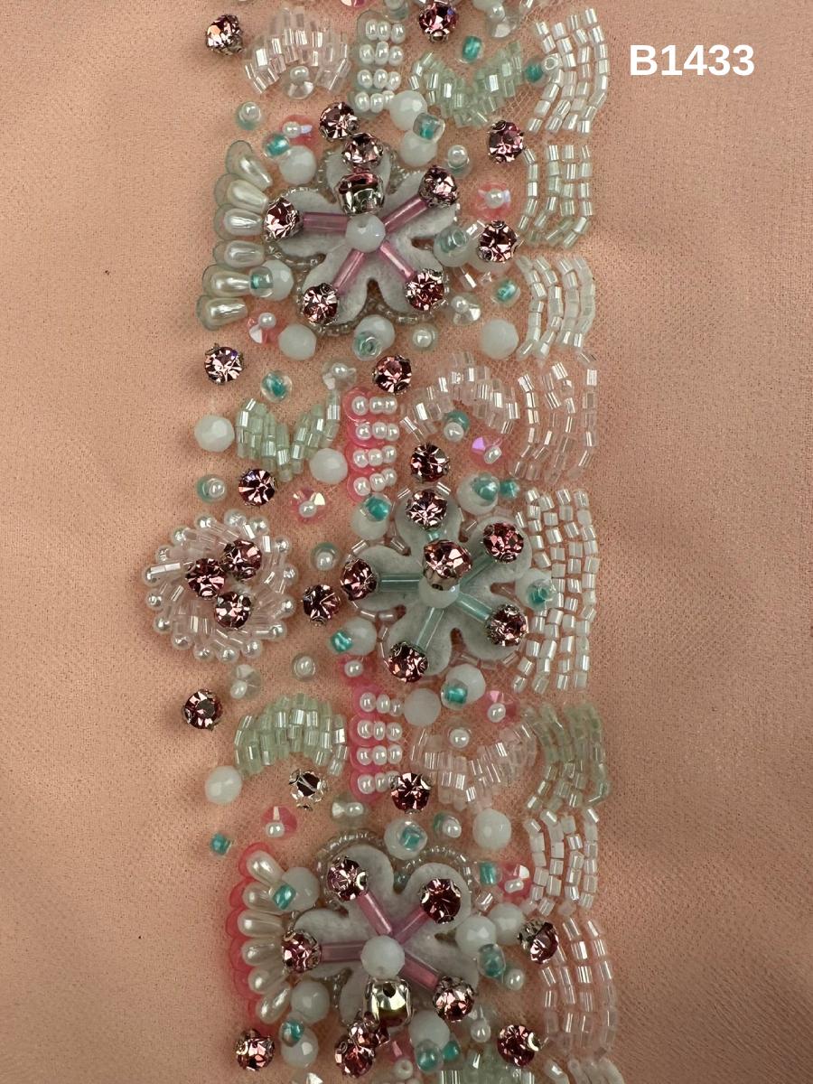 #B1433 Vibrant Floral Design Trim - Exquisitely Beaded with Gleaming Crystals, Exotic Beads, and Dazzling Rhinestones for Stunning Fashion