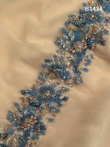 #B1434 Elegant Floral Design Trim with Intricate Thread Work, Beads, Crystals, and Rhinestones for Luxurious Embellishments