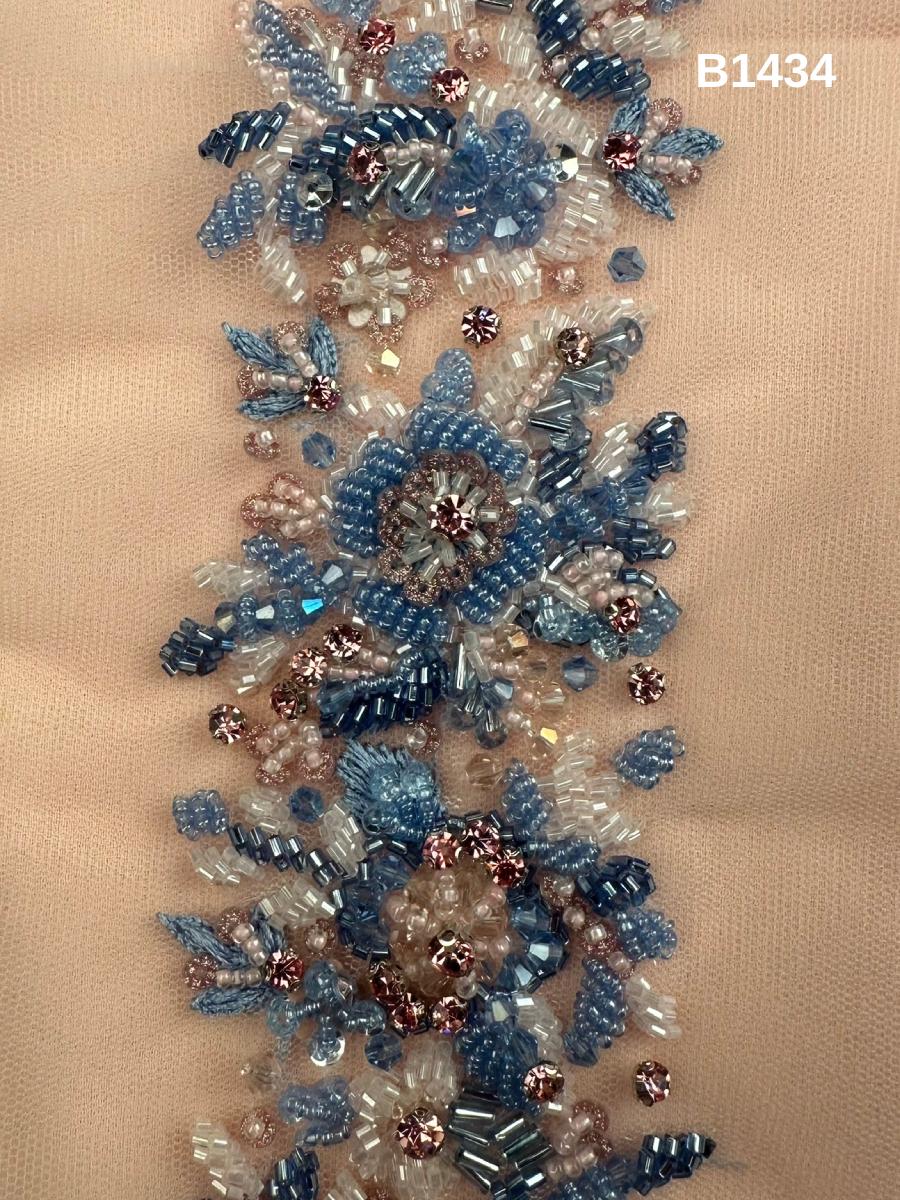 #B1434 Elegant Floral Design Trim with Intricate Thread Work, Beads, Crystals, and Rhinestones for Luxurious Embellishments