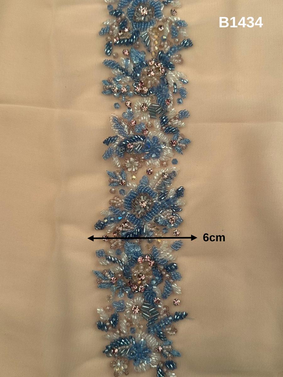 #B1434 Elegant Floral Design Trim with Intricate Thread Work, Beads, Crystals, and Rhinestones for Luxurious Embellishments