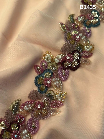 #B1435 Exquisite Floral Design Trim with Detailed Thread Work, Beads, Crystals, and Rhinestones for Luxe Embellishments