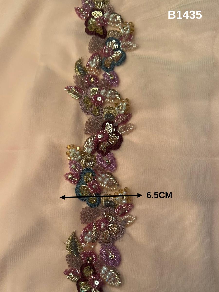 #B1435 Exquisite Floral Design Trim with Detailed Thread Work, Beads, Crystals, and Rhinestones for Luxe Embellishments