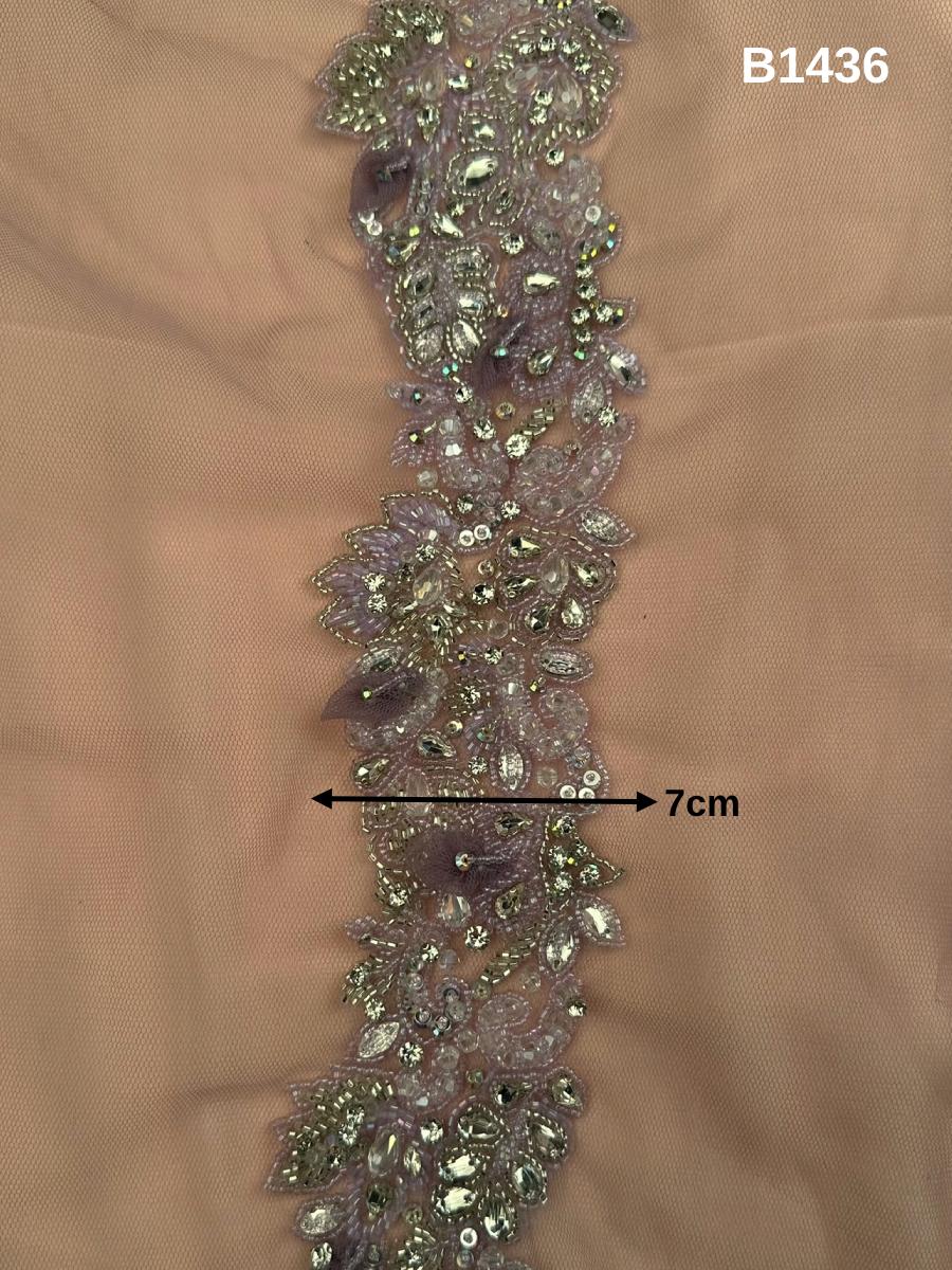 #B1436 Exquisite Floral Design Trim – Beaded with Appliqué Crystals, Beads, and Rhinestones for Elegant Embellishments