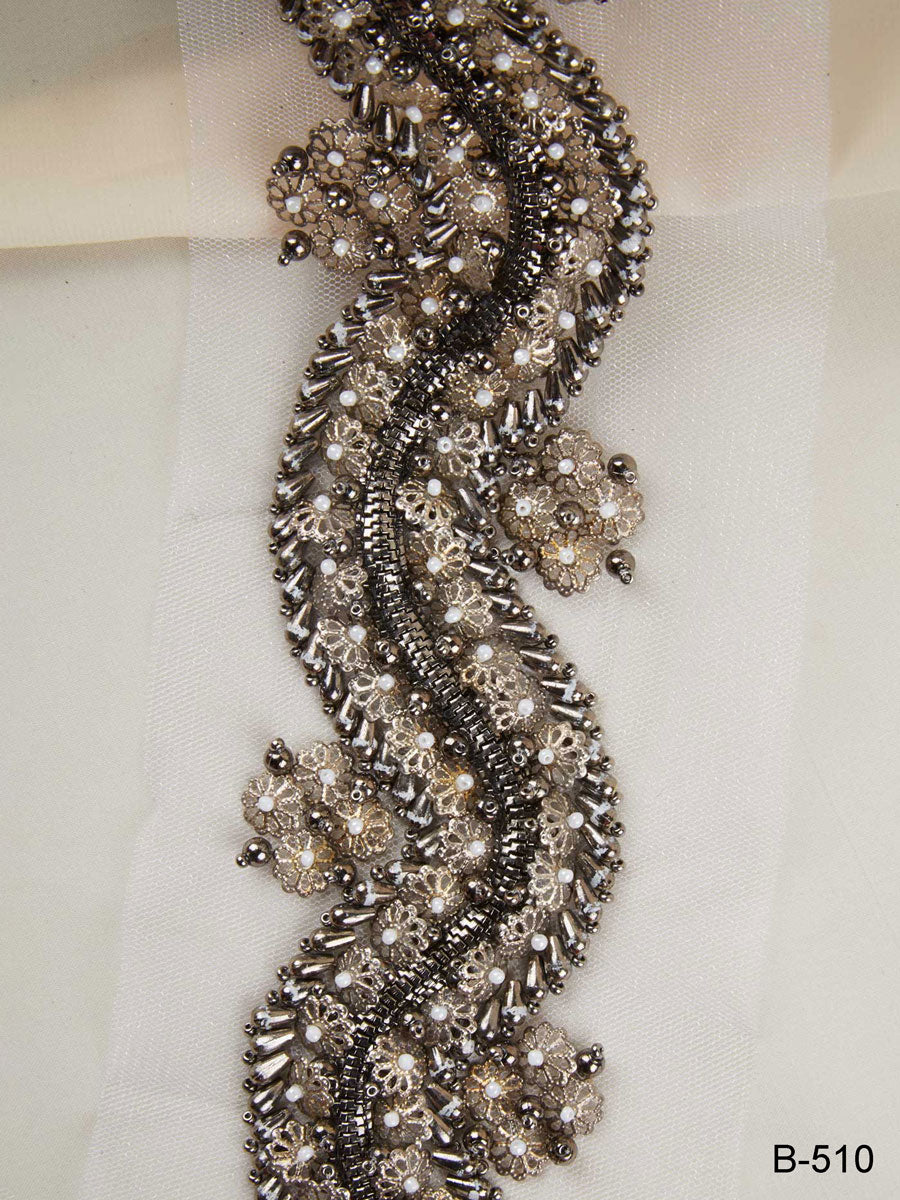 #B0510 Enchanting Embellishments: Hand-Beaded Trim with Beads and Shimmering Sequins