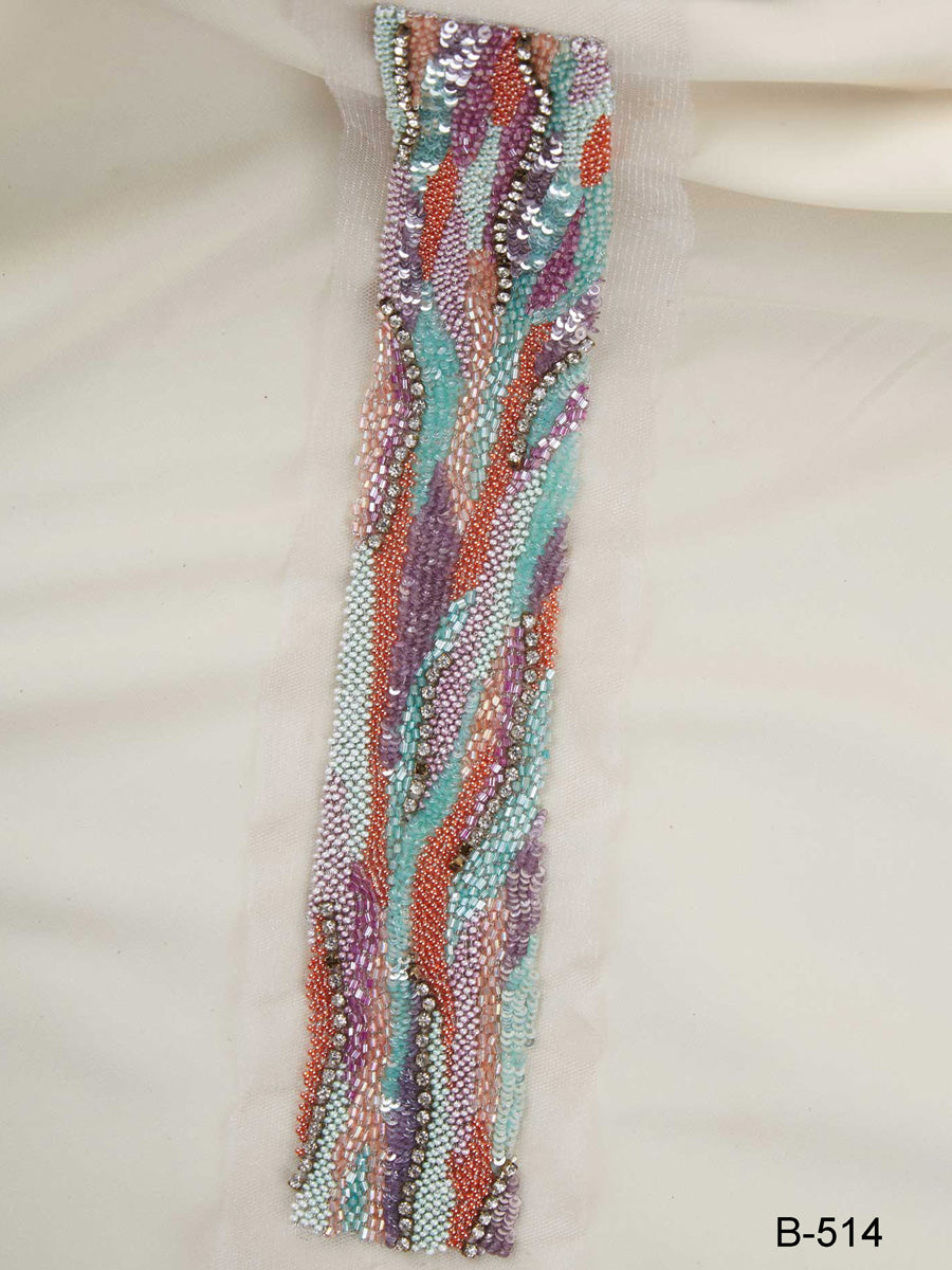 #B0514 Glamorous Gleam: Artisan-crafted Hand-Beaded Trim featuring Intricate Beading and Mesmerizing Sequins