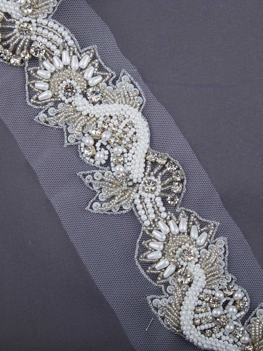 #B0550 Charming Opulence: Hand-Beaded Trim with Beads and Shiny Sequins