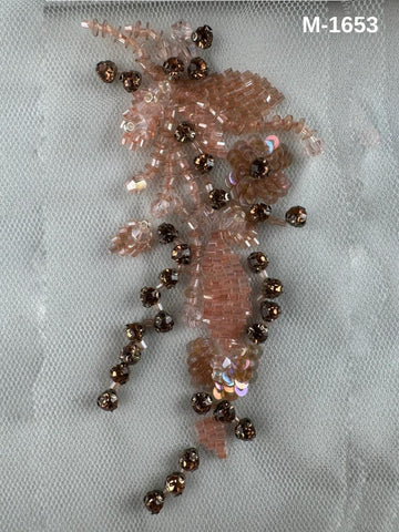 #M1653 Ethereal Blush: Hand-Beaded Floral Motif in Blush Pink with Rhinestones, Sequins & Beads