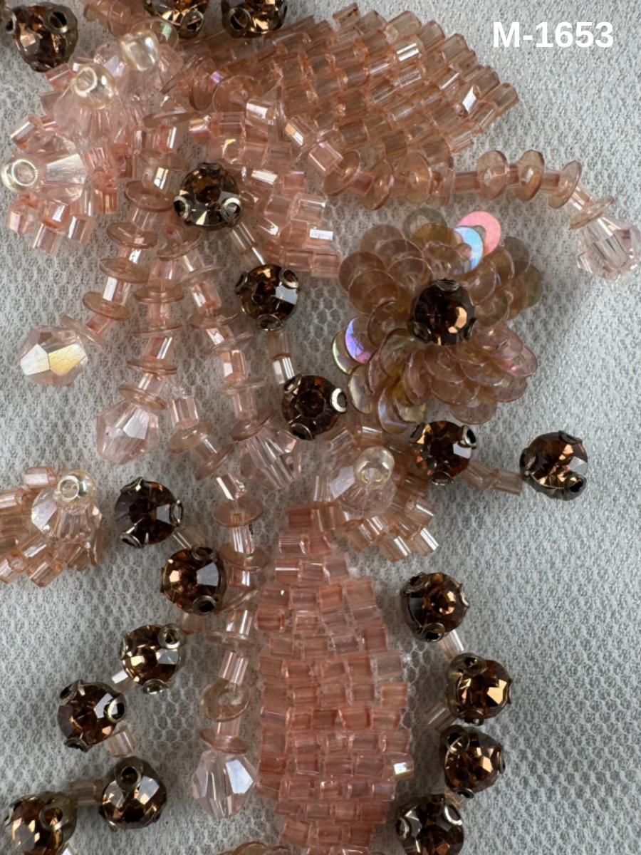 #M1653 Ethereal Blush: Hand-Beaded Floral Motif in Blush Pink with Rhinestones, Sequins & Beads