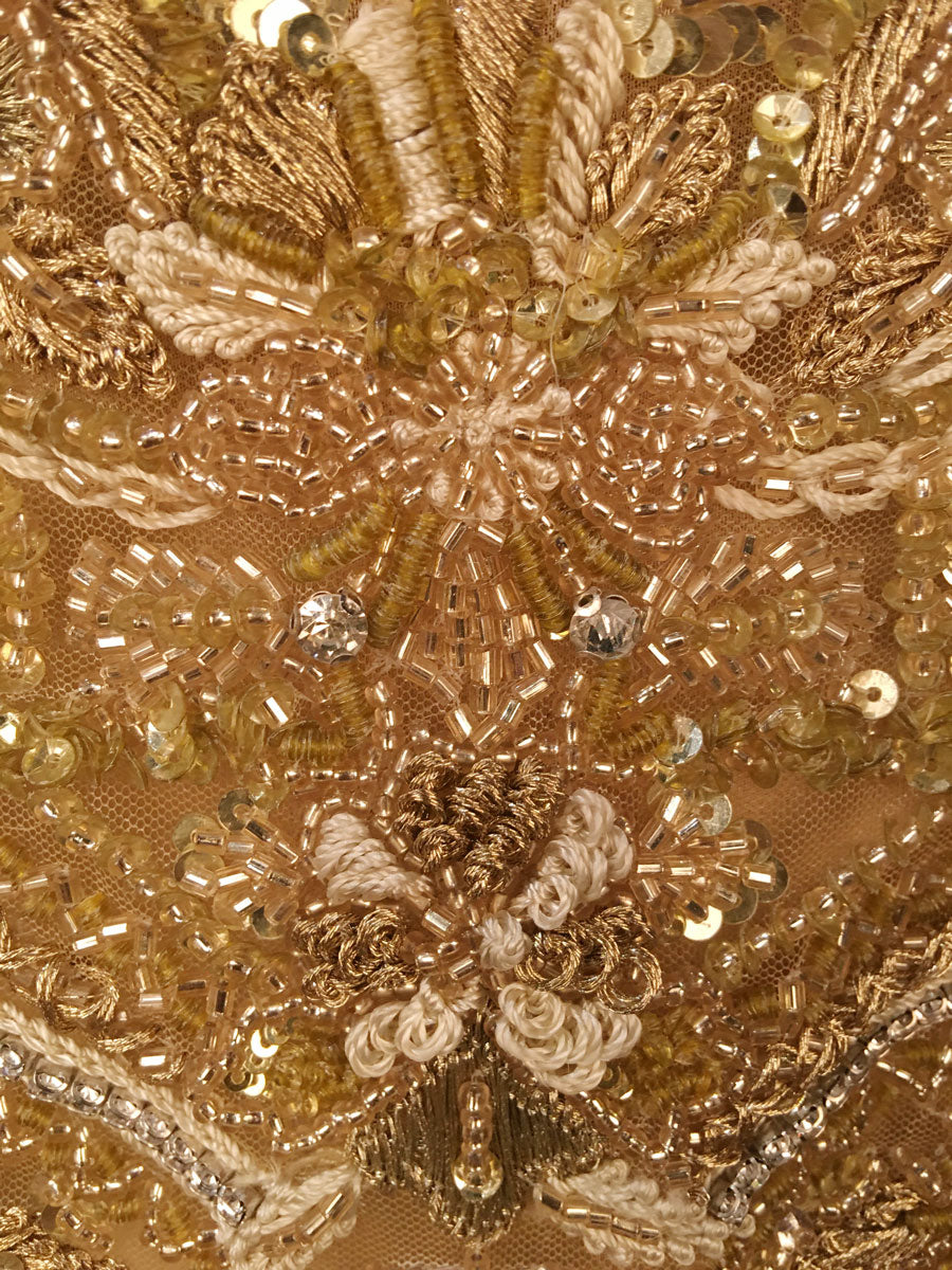 #M1314 Golden Infusion: Hand Beaded Bustier with Ornate Beads and Lustrous Sequins
