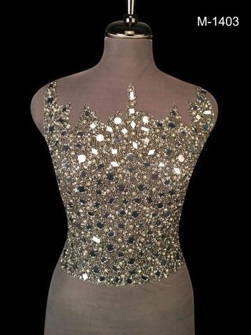 #M1403 Serenade in Silver: Hand Beaded Bustier with Silver-toned Beads and Glistening Sequins