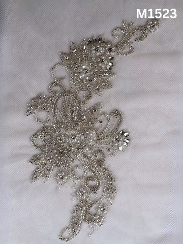 #M1523 Hand-Beaded Floral Motif in Metallic Silver with Precision Beads and Reflective Rhinestones