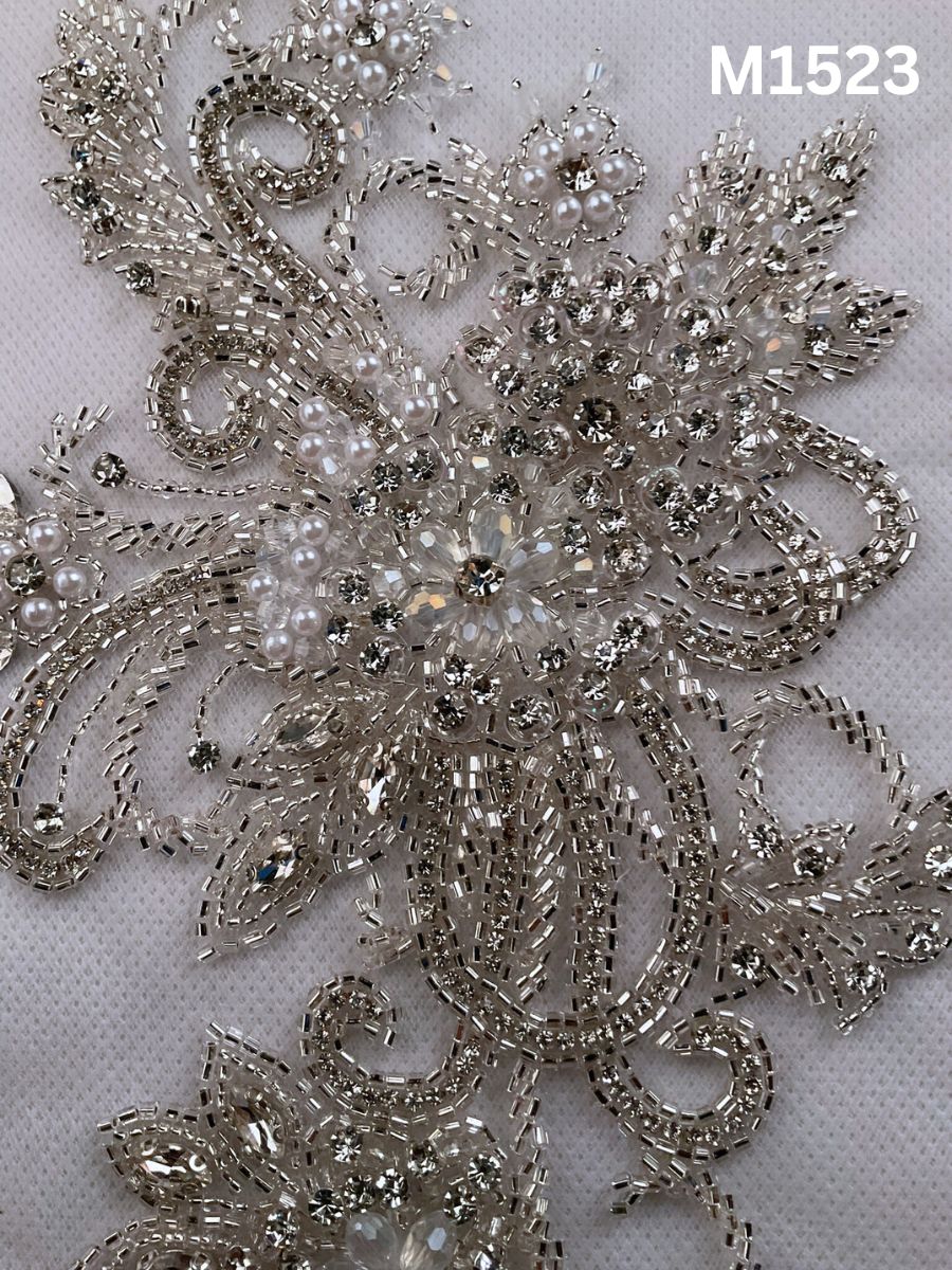 #M1523 Hand-Beaded Floral Motif in Metallic Silver with Precision Beads and Reflective Rhinestones