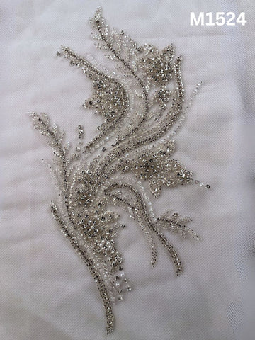 #M1524 Hand-Beaded Abstract Silver Motif with Sculptural Beads and Radiant Rhinestones