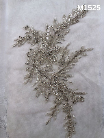#M1525 Hand-Beaded Floral Motif in Metallic Silver with Precision Beads and Reflective Rhinestones