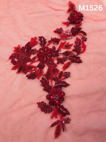 #M1526 Hand-Beaded Red Floral Motif with Precision Beads on Soft Tulle Net Base