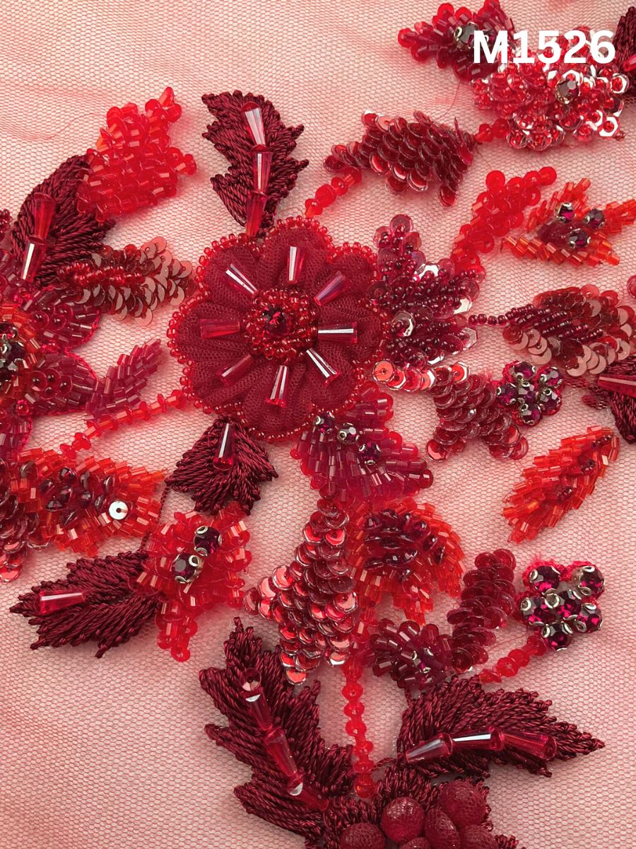 #M1526 Hand-Beaded Red Floral Motif with Precision Beads on Soft Tulle Net Base