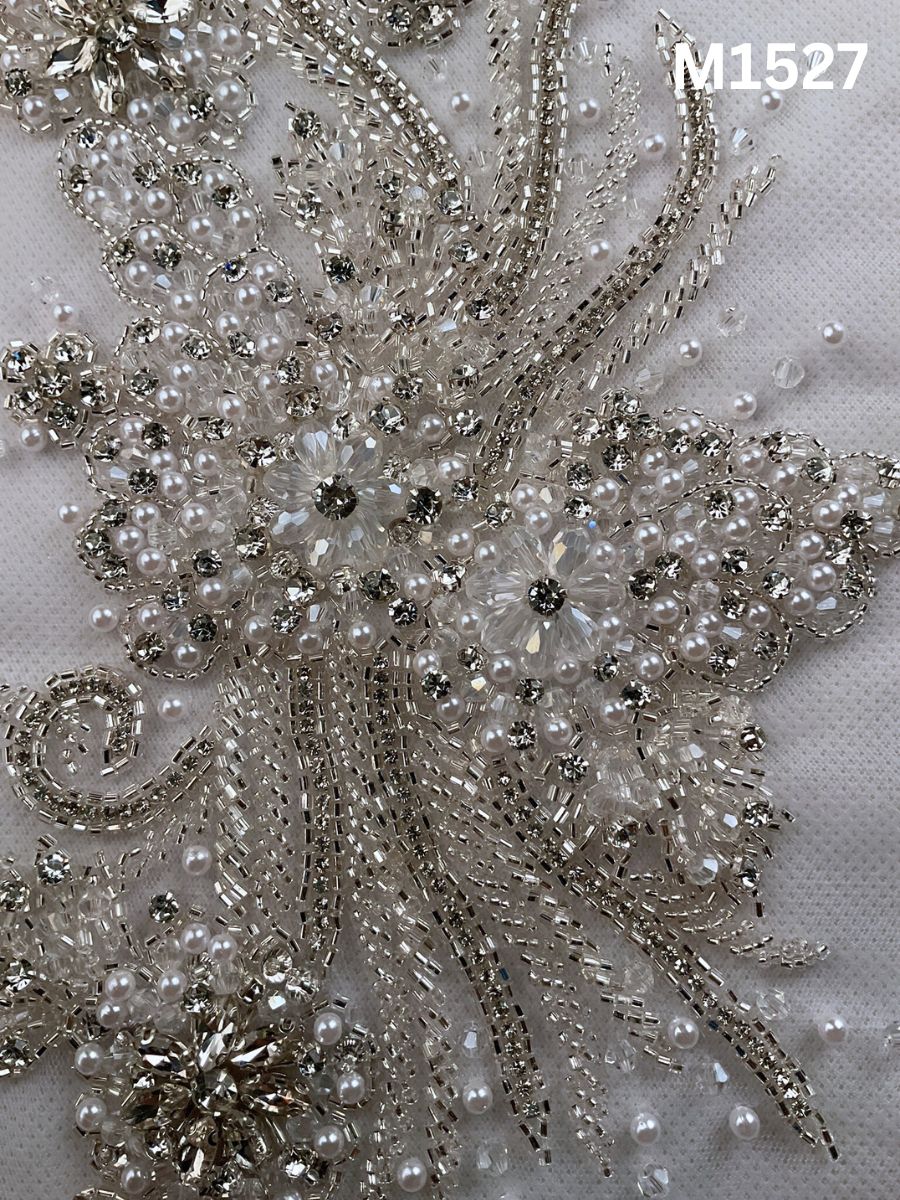 #M1527 Hand-Beaded Abstract Motif with Intricate Beadwork on Soft Tulle Base