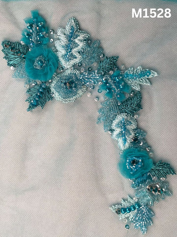#M1528 Hand-Beaded Floral Sky Blue Motif with Appliqué Detailing, Thread Embroidery, and Beadwork