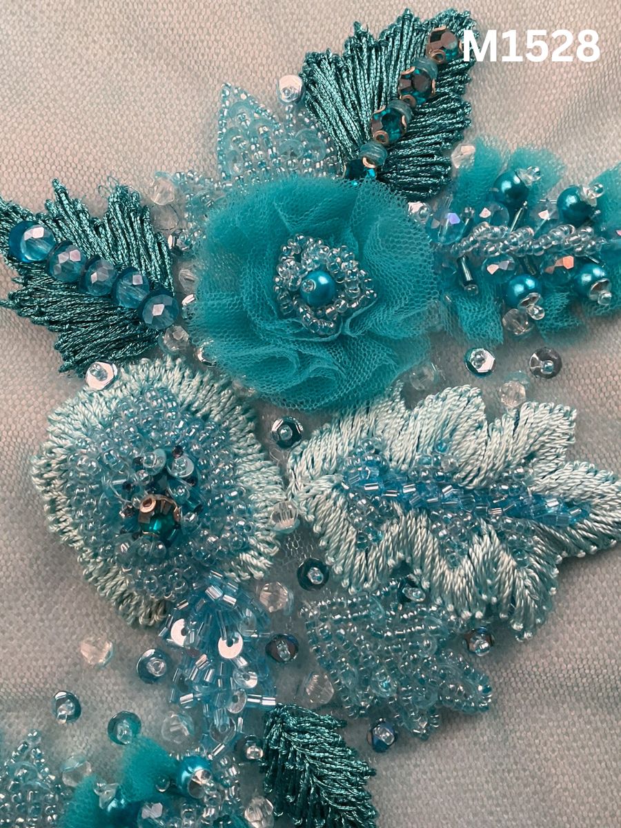 #M1528 Hand-Beaded Floral Sky Blue Motif with Appliqué Detailing, Thread Embroidery, and Beadwork