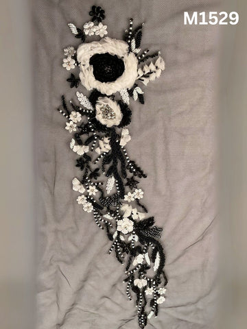 #M1529 Hand Beaded Floral Design Motif in Black and White with Beads, Rhinestones, Appliqué Accents, and Sequins