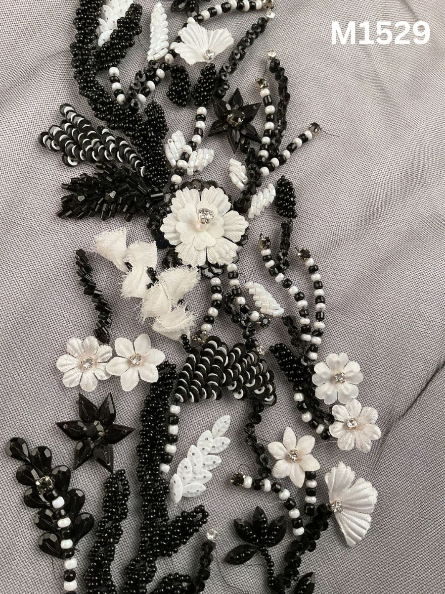 #M1529 Hand Beaded Floral Design Motif in Black and White with Beads, Rhinestones, Appliqué Accents, and Sequins