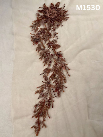 #M1530 Hand Beaded Floral Design Motif in Hazel Brown Tone Featuring Beads, Rhinestones and Sequins