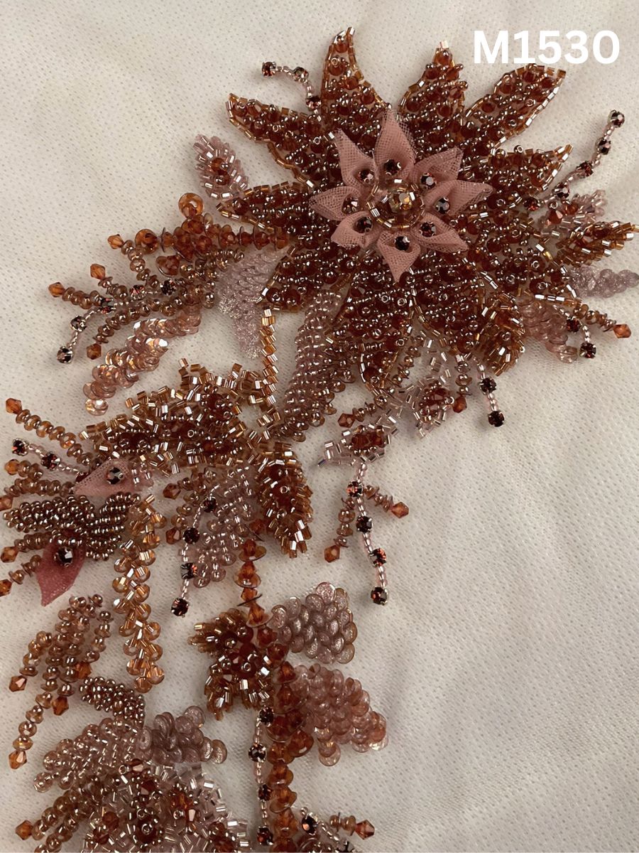 #M1530 Hand Beaded Floral Design Motif in Hazel Brown Tone Featuring Beads, Rhinestones and Sequins