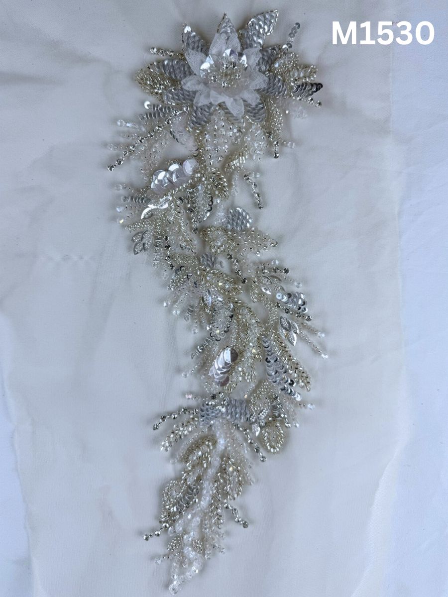 #M1530 Hand Beaded Floral Design Motif in Hazel Brown Tone Featuring Beads, Rhinestones and Sequins