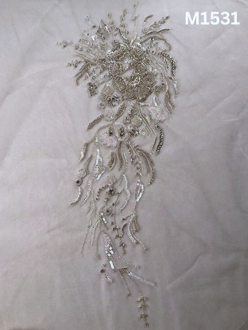 #M1531 Hand Beaded Floral Design Motif in Silver Tone Featuring Sequins, Beads, and Rhinestones