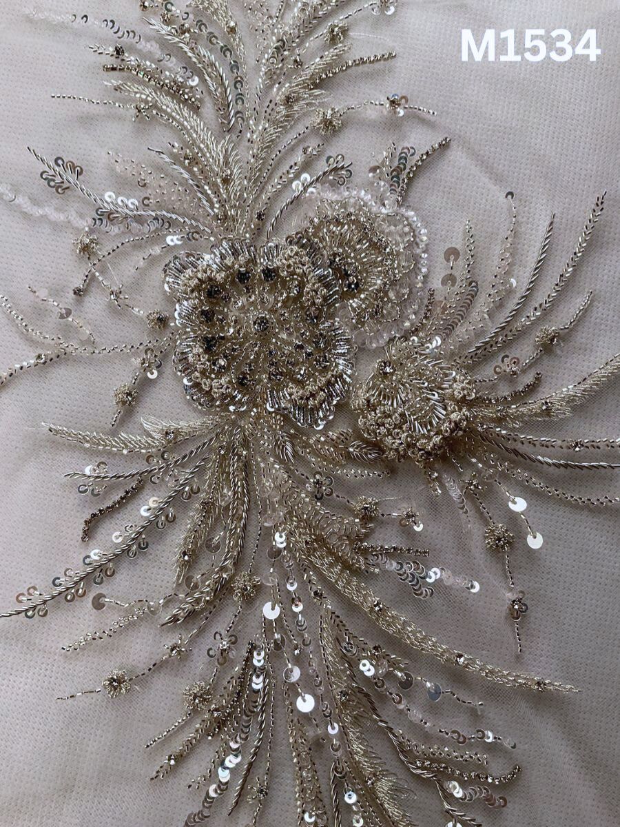 #M1534 Hand Beaded Floral Design Motif in Silver Tone with Beads, Rhinestones, Sequins and Fine Thread Work