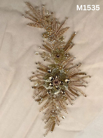 #M1535 Hand Beaded Floral Motif in Champagne Tone with Rhinestones, Sequins, and Intricate Beads