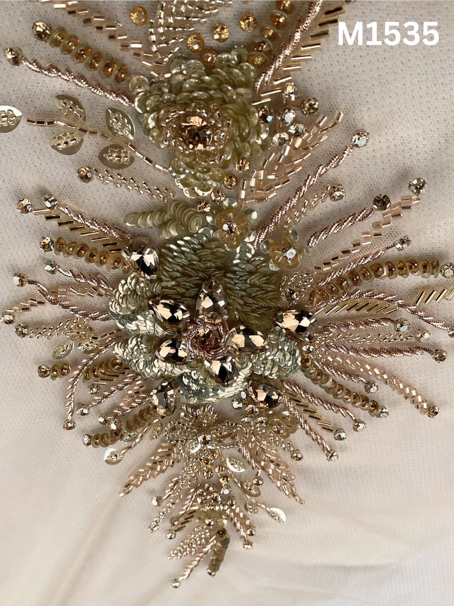 #M1535 Hand Beaded Floral Motif in Champagne Tone with Rhinestones, Sequins, and Intricate Beads