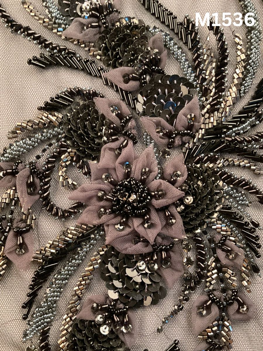 #M1536 Hand Beaded Multicolour Floral Motif with Appliqué Work and Sequins on Soft Tulle Net Base