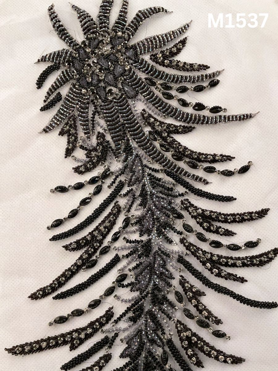 #M1537 Hand Beaded Floral Design Motif in Black with Rhinestones, Beads, and Leaf-Shaped Sequins on Sheer Tulle Net Base