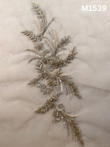 #M1539 Hand Beaded Floral Design Motif in Silver with Beads, Thread work, and Sequins on Tulle Net Base
