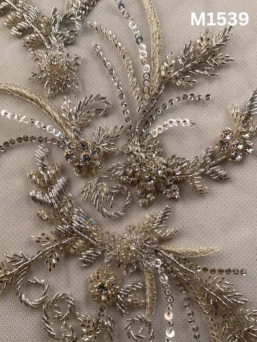 #M1539 Hand Beaded Floral Design Motif in Silver with Beads, Thread work, and Sequins on Tulle Net Base