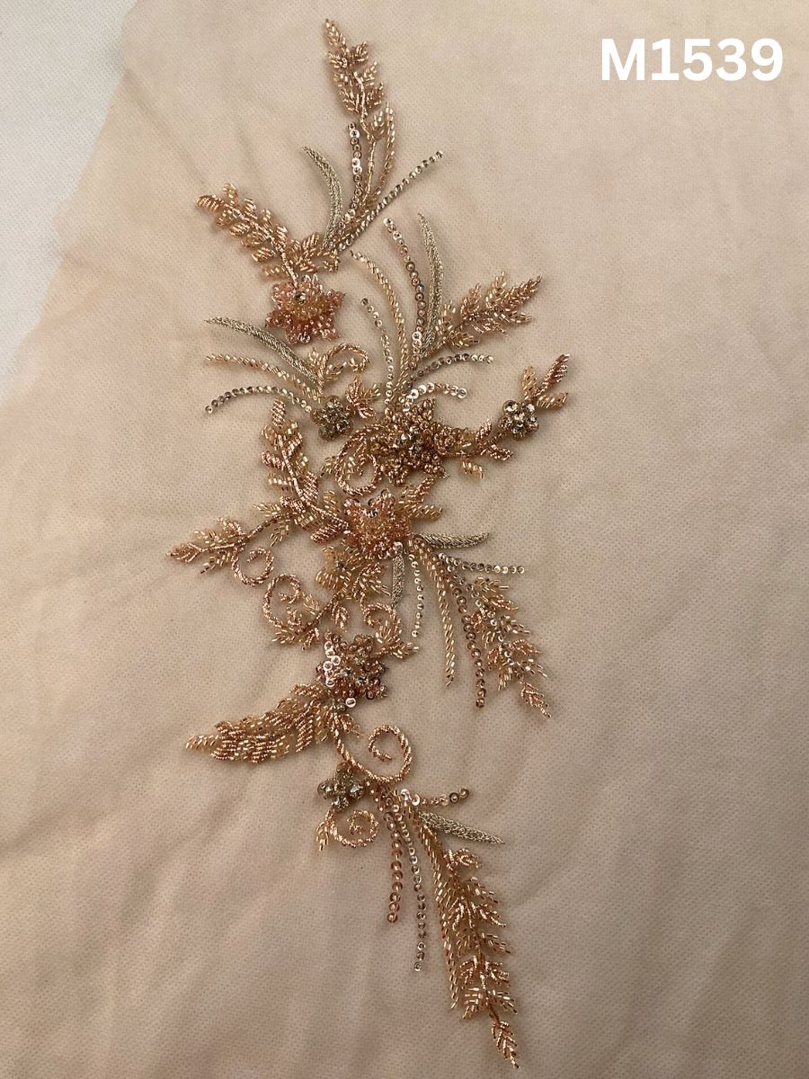 #M1539 Hand Beaded Floral Design Motif in Silver with Beads, Thread work, and Sequins on Tulle Net Base