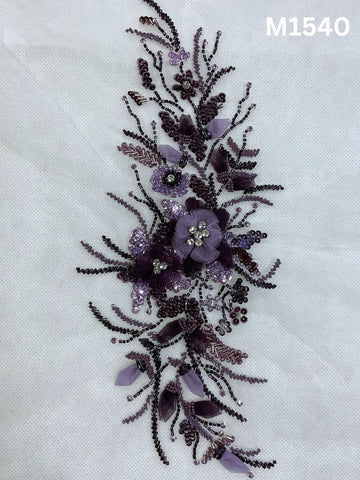 #M1540 Hand Beaded Floral Design Motif in Violet with Beads, Appliqué, Rhinestones, and Sequins