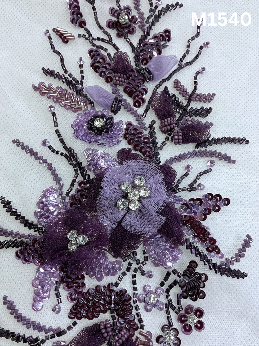 #M1540 Hand Beaded Floral Design Motif in Violet with Beads, Appliqué, Rhinestones, and Sequins