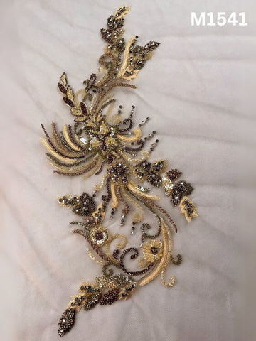 #M1541 Hand Beaded Floral Motif in Yellow and Brown with Beads, Sequins, Rhinestones, and Thread Detailing