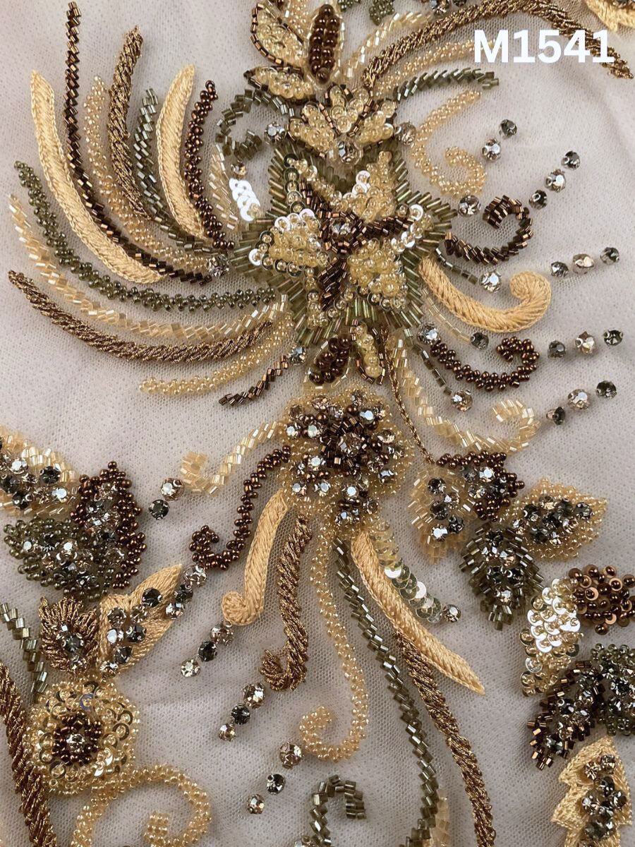 #M1541 Hand Beaded Floral Motif in Yellow and Brown with Beads, Sequins, Rhinestones, and Thread Detailing