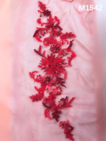 #M1542 Hand Beaded Red Floral Design Motif with Sequins and Beads