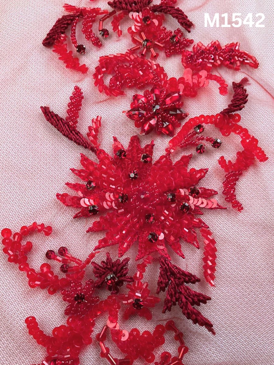 #M1542 Hand Beaded Red Floral Design Motif with Sequins and Beads