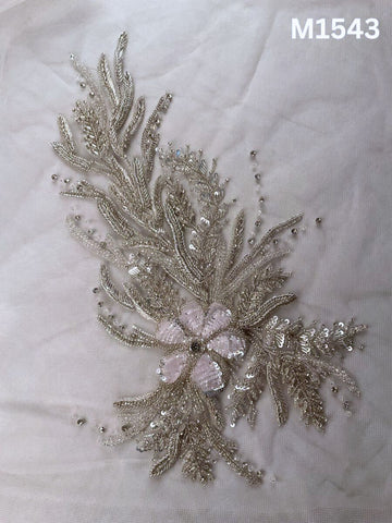 #M1543 Hand Beaded Silver Floral Design Motif with Rhinestones, Sequins, and Beads
