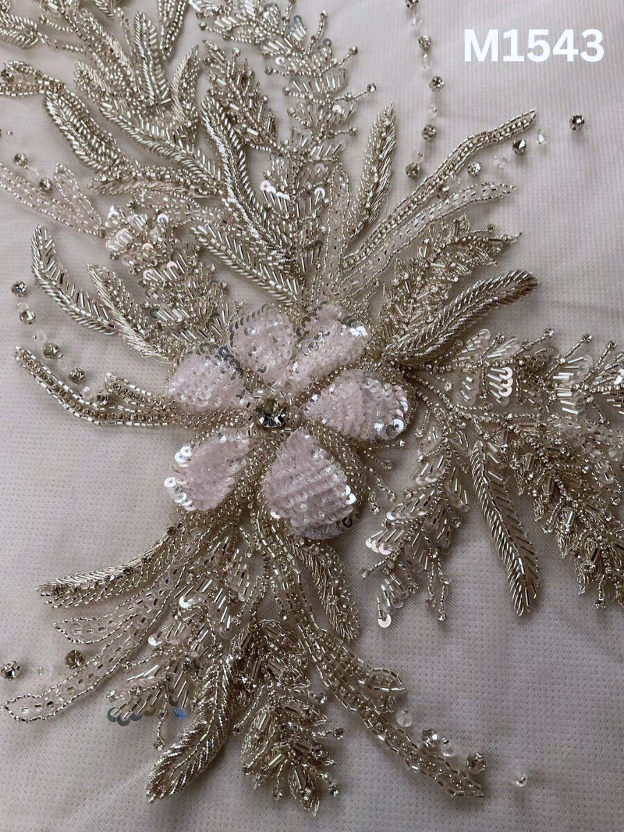 #M1543 Hand Beaded Silver Floral Design Motif with Rhinestones, Sequins, and Beads